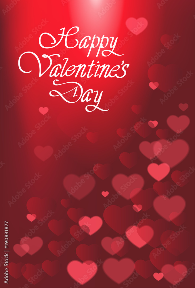 Happy Valentines Day Card With Lettering On Red Background With Bokeh Heart Shapes Vector Illustration