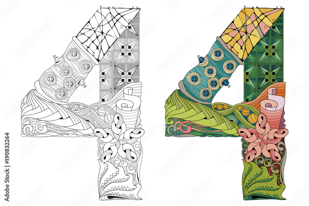 Number four zentangle for coloring. Vector decorative object Stock