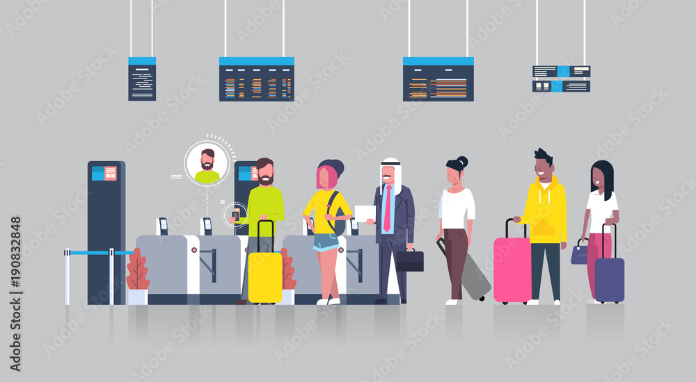 People Standing In Queue With Suitcases For Checking In Airport Passing Through Security Scanner For Registration Flat Vector Illustration People Standing In Queue With Suitcases For Checking In Airport Passing Through Security Scanner For Registration Flat Vector Illustration