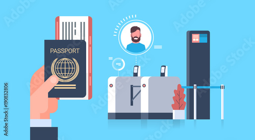 Business Hand Holding Passport And Tickets To Plane Over Check In Scanner At Airport Man During Registration For Departure Concept Flat Vector Illustration