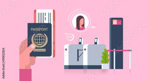 Business Hand Holding Passport And Tickets To Plane Over Check In Scanner At Airport Woman On Registration For Departure Concept Flat Vector Illustration