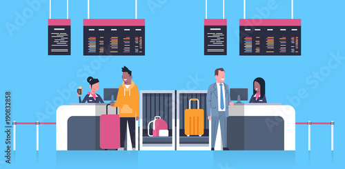 Check In Airport With Stuff Workers On Counter And Male Passengers With Luggage, Departures Board Concept Flat Vector Illustration
