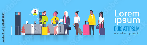Mix Race Group Of People Standing In Line Waiting For Checking In Airport Passing Through Security Scanner For Registration Flat Vector Illustration