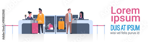 Airport Workers On Counter Checking In Male Passengers, Departures Board Concept Flat Vector Illustration