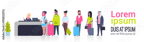 Group Of Mix Race Passengers Standing In Queue To Counter Check In Airport Template Banner With Copy Space, Departures Board Concept Flat Vector Illustration