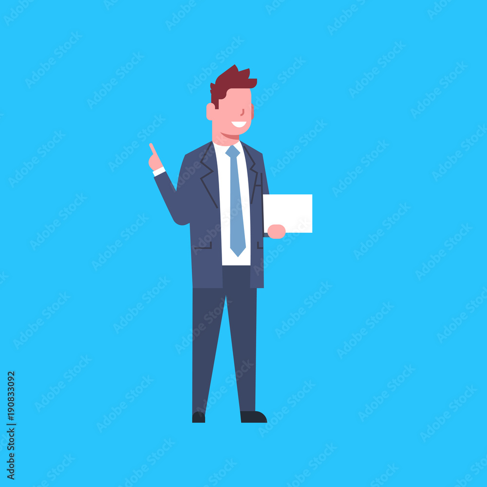 Business Man Hold White Empty Banner Office Worker Character Businessman Flat Vector Illustration