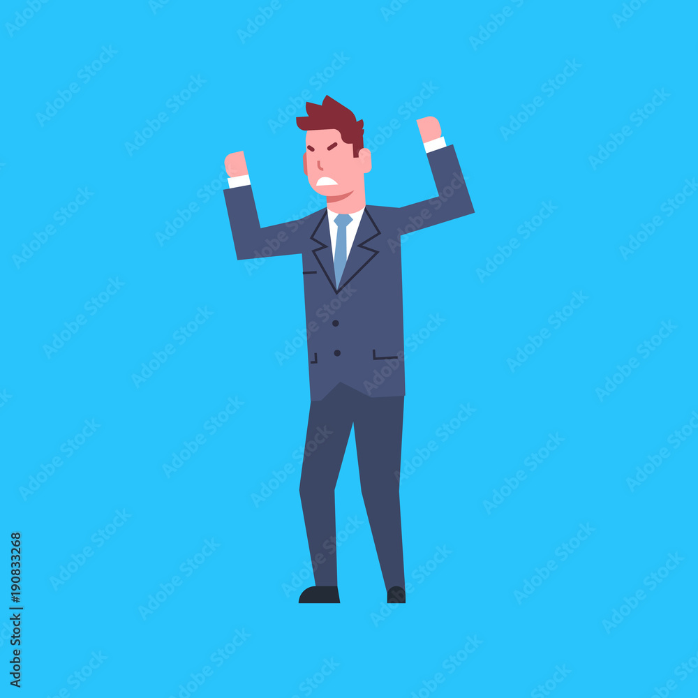 Business Man Cheerful Hold Raised Hands Office Worker Character Businessman Isolated Flat Vector Illustration Business Man Cheerful Hold Raised Hands Office Worker Character Businessman Isolated Flat Vector Illustration