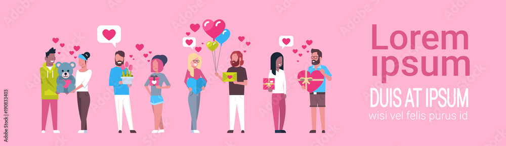 Group Of People Holding Presents On Template Pink Background Valentine Day Holiday Concept Flat Vector Illustration Group Of People Holding Presents On Template Pink Background Valentine Day Holiday Concept Flat Vector Illustration