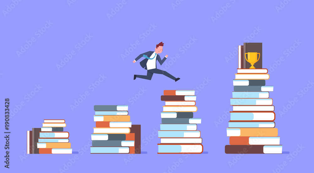 Business Man Jumping Over Stacks Of Books To Golden Cup Successful Businessman Winner Flat Vector Illustration Business Man Jumping Over Stacks Of Books To Golden Cup Successful Businessman Winner Flat Vector Illustration