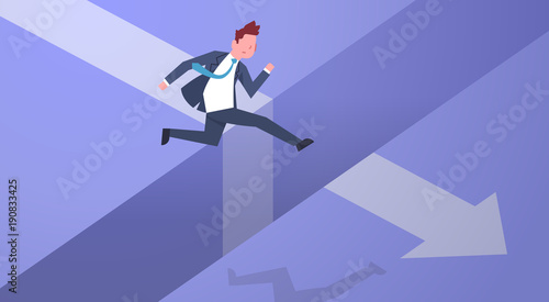 Business Risk Concept With Businessman Jumping Over Gap On Arrow Chart Flat Vector Illustration © mast3r