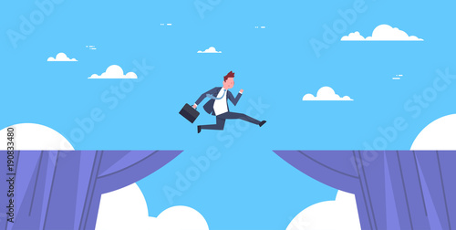 Brave Business Man Jump Over Cliff Gap Business To Success Risk And Danger Concept Flat Vector Illustration