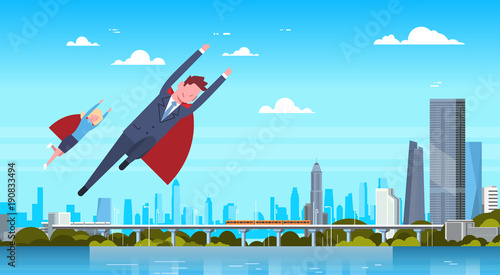 Business Man And Woman Wearing Red Cape Flying Over Modern City Businessman And Businesswoman Hero Flat Vector Illustration