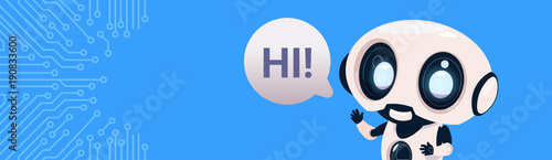 Robot Chatter Bot Say Hi Over Circuit Background With Copy Space Flat Vector Illustration