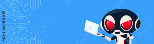 Robot In Black Mask Hacking Laptop Computer Hacker Over Circuit Background With Copy Space Flat Vector Illustration