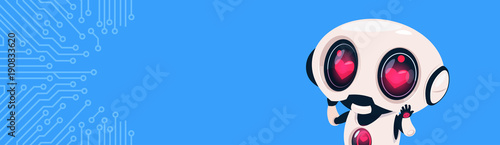 Cute Robot With Hearts In Eyes Over Circuit Horizontal Bannner With Copy Space Flat Vector Illustration