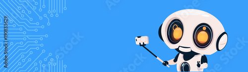 Modern Robot Make Self Portrait Photo On Smart Phone With Selfie Stick Over Circuit Background With Copy Space Flat Vector Illustration
