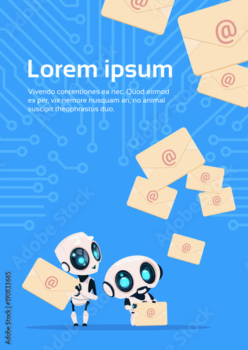 Two Modern Robots Chatter Bots With Email Letters Chatbots Over Circuit Background With Copy Space Flat Vector Illustration