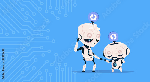 Two Cute Robots Sleeping Updating System Programming Software Over Circuit Background Flat Vector Illustration