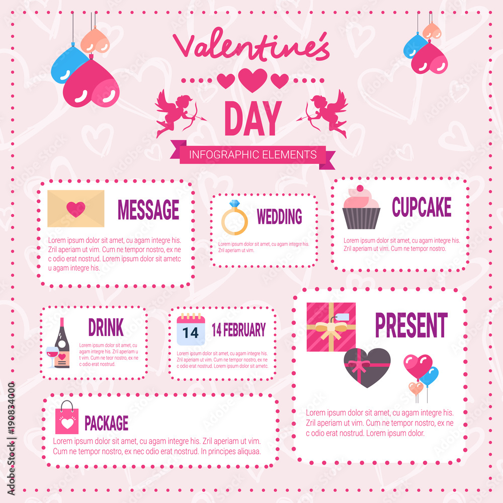 Valentines Day Infographic Elements Icons Over Pink Background, Love Holiday Info Graphic Flat Vector Illustration Valentines Day Infographic Elements Icons Over Pink Background, Love Holiday Info Graphic Flat Vector Illustration