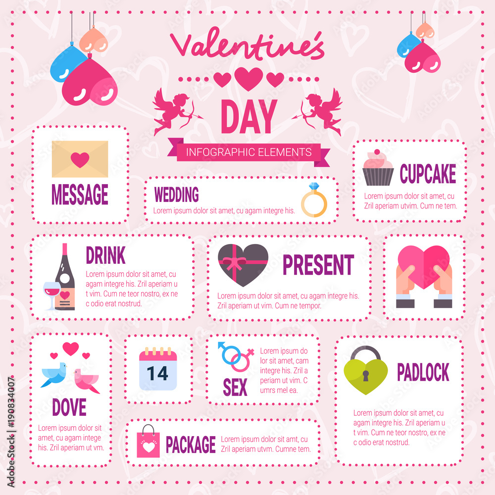 Creative Valentines Day Infographic Set Of Elements Icons Over Pink Background, Romantic Holiday Info Graphic Collection Flat Vector Illustration