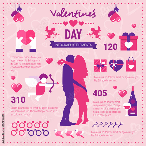 Modern Infographic Banner For Valentines Day, Set Of Template Elements Icons Over Pink Background With Copy Space Flat Vector Illustration