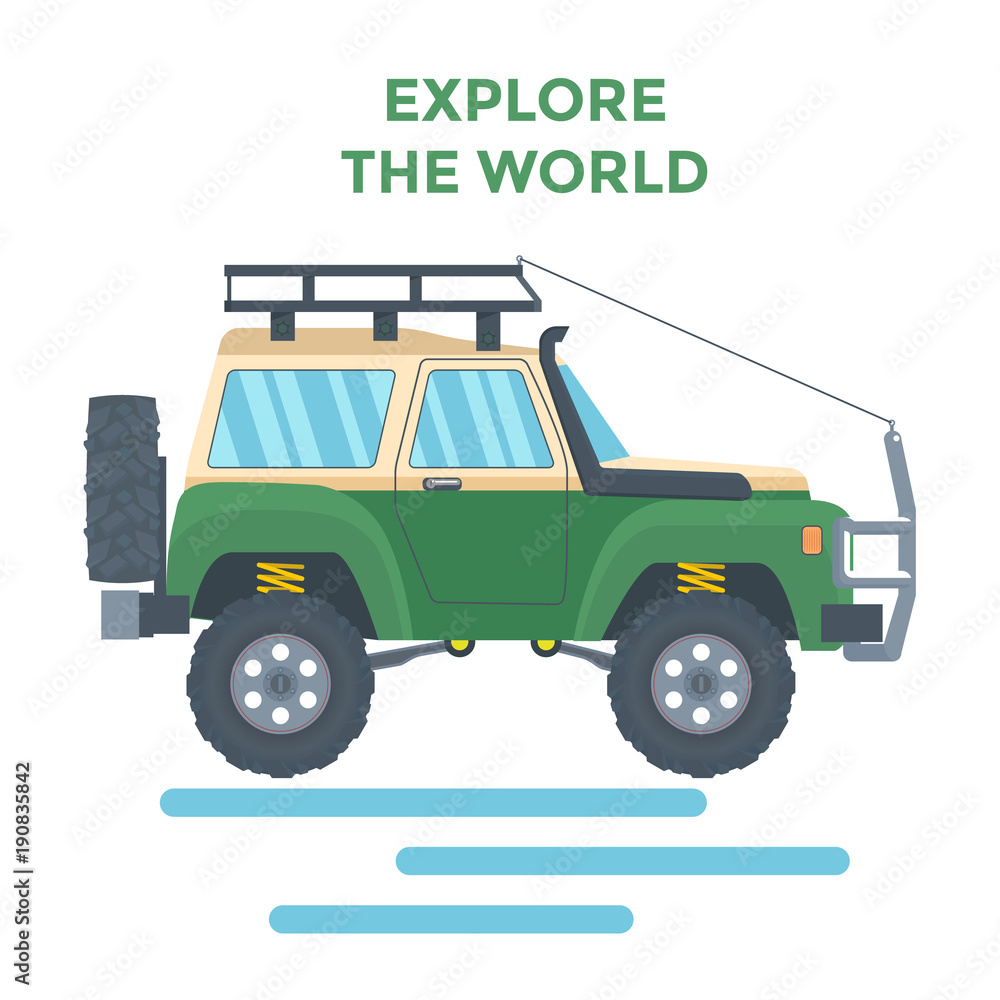 Offroad Vehicle with mud tire and roof rack. Vector