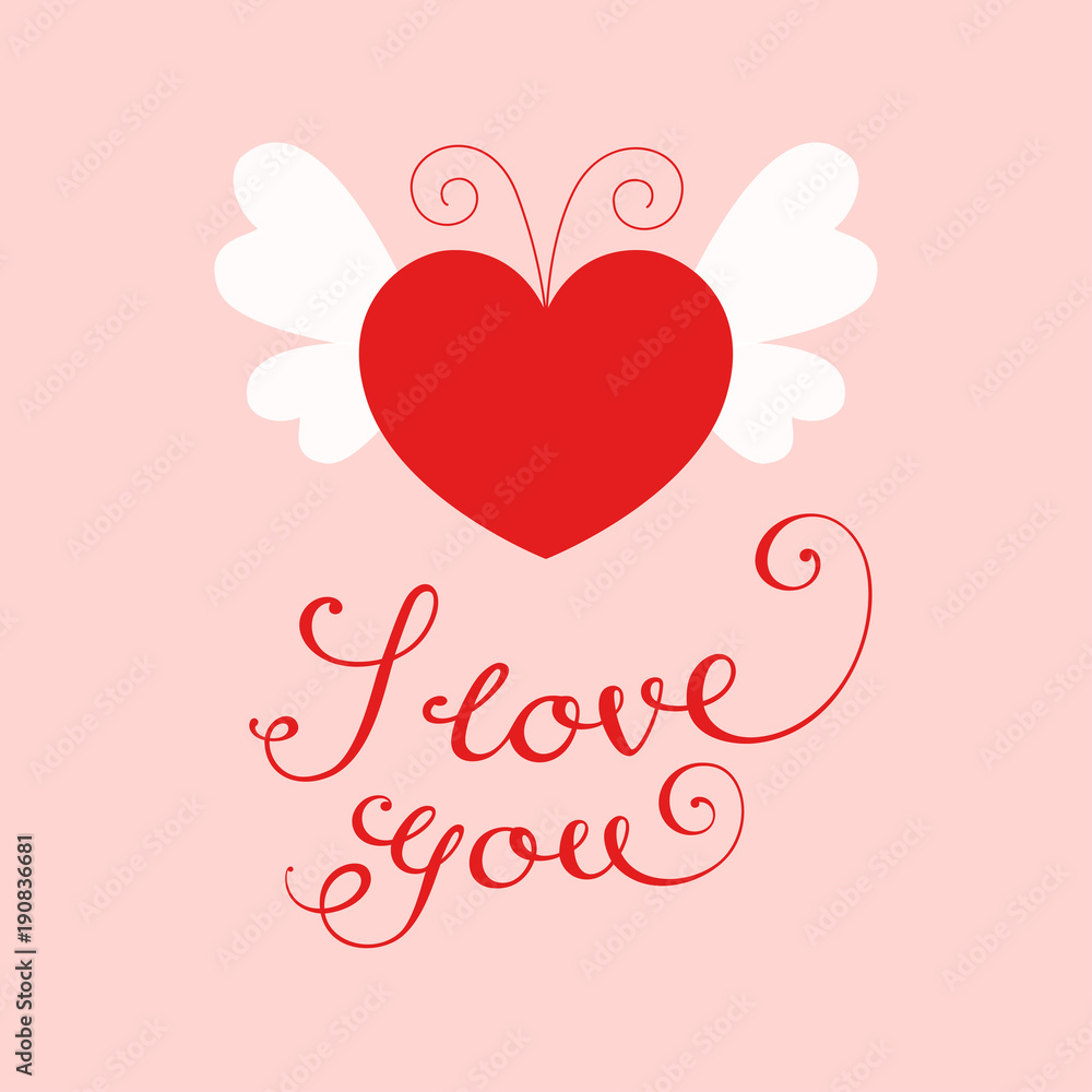 Vector illustration of a red heart with white butterfly wings and antennae. Calligraphic text 