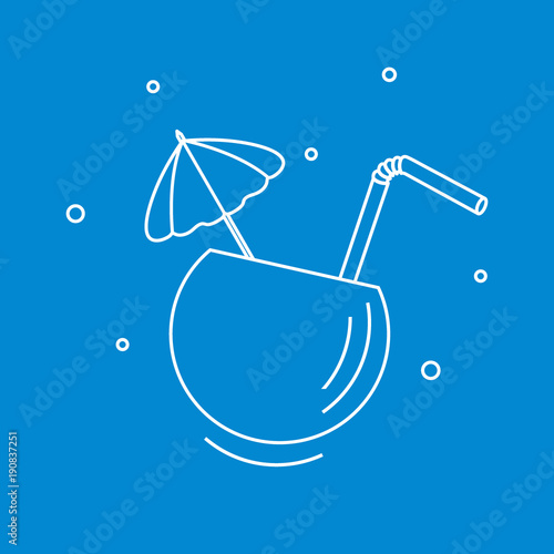 Stylized icon of the cocktail in half coconut, tube and umbrella. Travel and leisure.