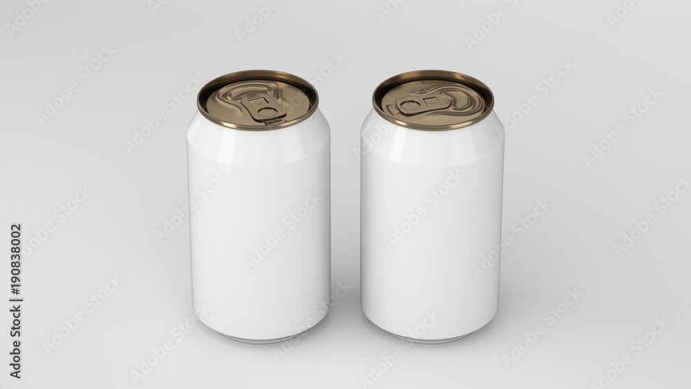 Two small white and gold aluminum soda cans mockup on white background Two small white and gold aluminum soda cans mockup on white background
