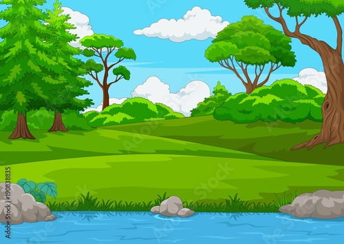 Forest scene with many trees and river illustration