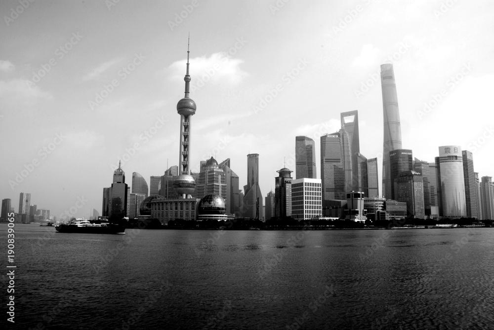 Black and white picture of Shanghai panorama, China