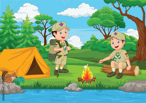 
Cartoon scout with tent and camp fire
