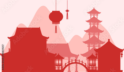 Background design with silhouette buildings in red