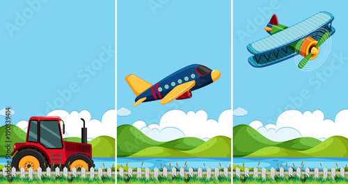 Three scenes with different types of transportation