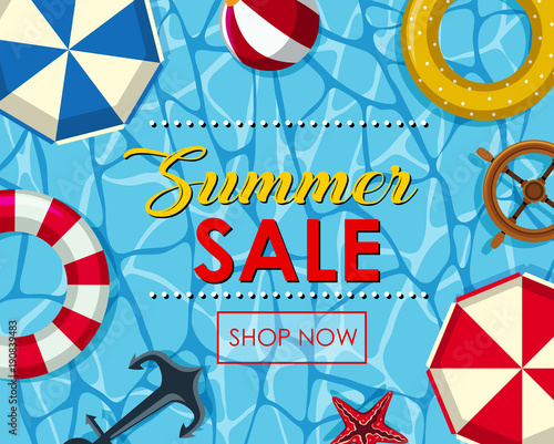 Summer sale poster design with floats on water