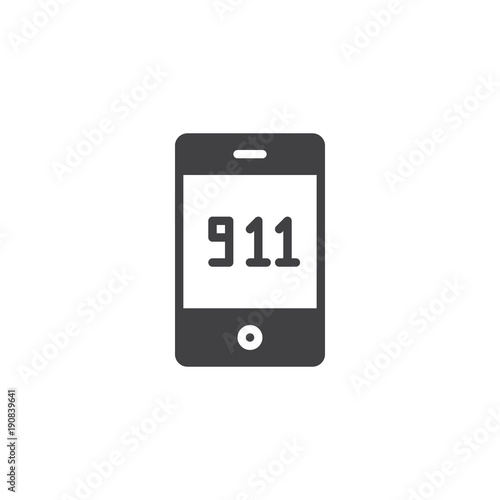 Emergency call 911 icon vector, filled flat sign, solid pictogram isolated on white. Mobile phone with 911 symbol, logo illustration.