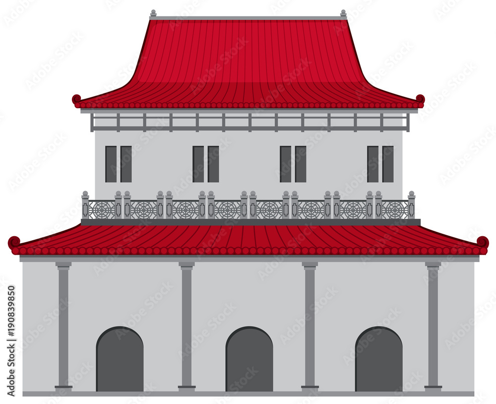 Chinese style building with red roof and gray wall