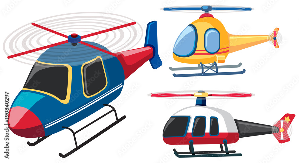 Three helicopters in different colors