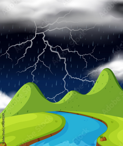 Nature scene with lightning and raining at night