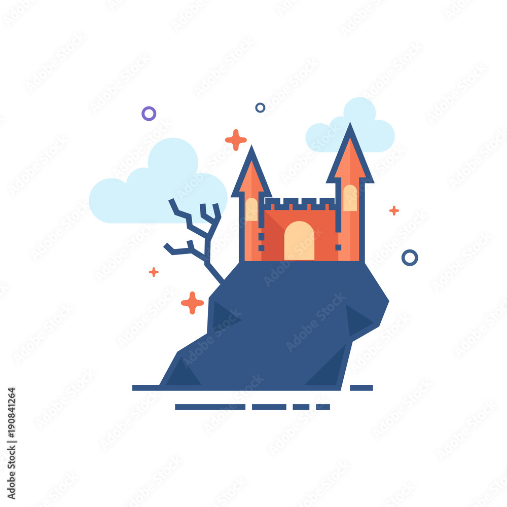 Obraz premium Dark castle icon in outlined flat color style. Vector illustration.