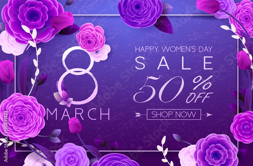 8 March Happy International Women`s Day background. Floral Greeting card, Paper cut flowers and leaves, holiday pattern, trendy Frame. Paper art Design, drawn vector Template, Banner, decor. 
