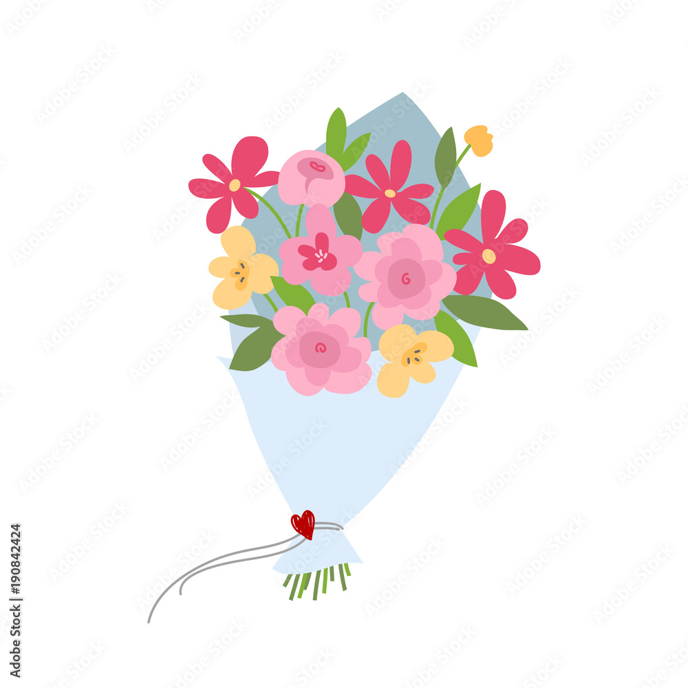 Obraz premium Wiosenny bukiet kwiatów. Walentynki, bukiet ślubny, urodziny bukiet kwiatów. Ilustracja wektorowa w płaskiej konstrukcji