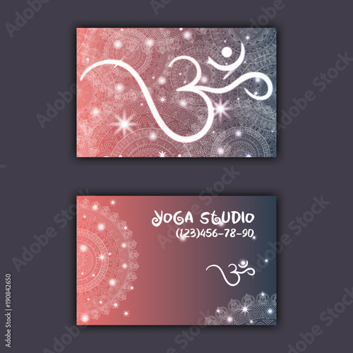 Business card for yoga studio or yoga instructor. Ethnic background with mandala ornament and ohm
