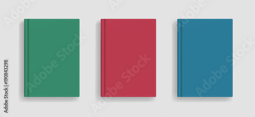 Rectangular vector blank colored realistic book cover mockup, closed organizer or notebook cover template with sheet of A4. Front view of elegant green, red and blue notepad with binding mock up