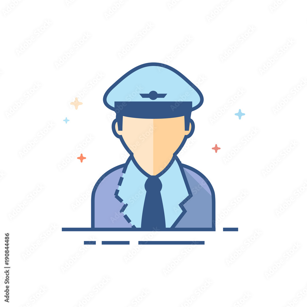 Pilot avatar icon in outlined flat color style. Vector illustration.