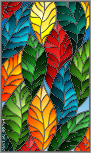 Illustration in stained glass style with colorful leaves