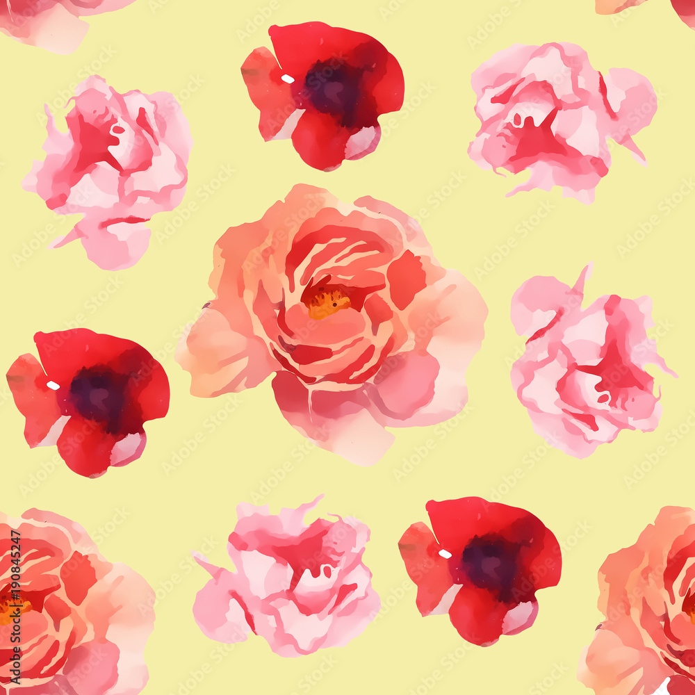 watercolor illustration of flower seamless pattern isolated on color background