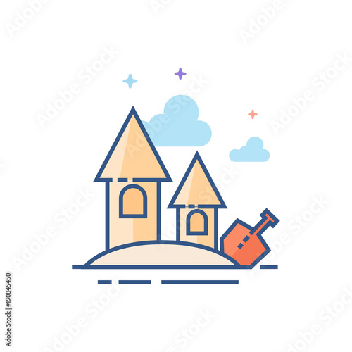 Sand castle icon in outlined flat color style. Vector illustration.