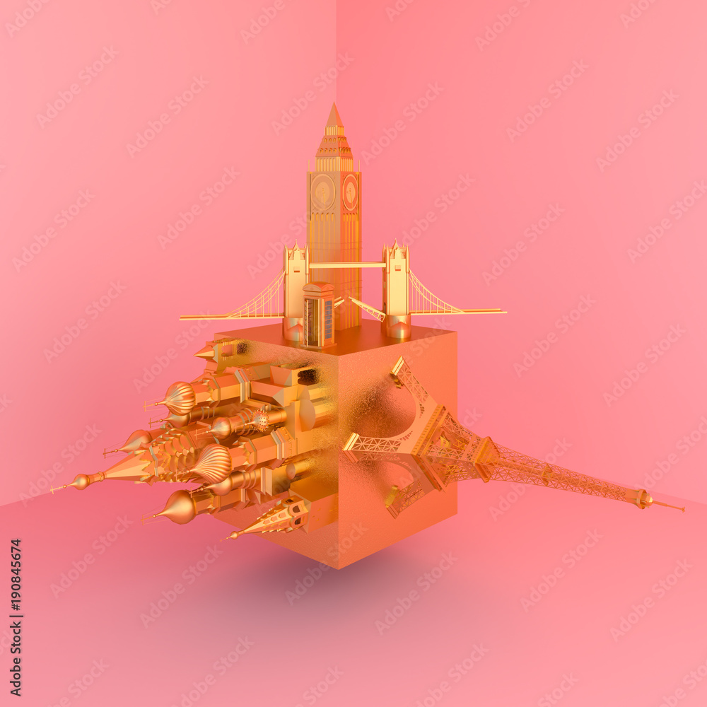 Golden Europe landmark  .  Love travel Europe concept.3d render