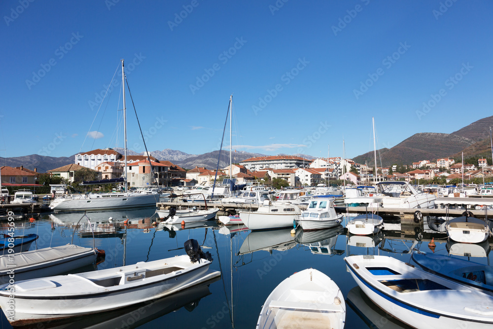 Many yachts in the bay of Tivat on a sunny day, Montenegro